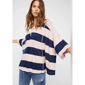 Free People We The Free Yuki Rugby Oversized Shirt Pink & Blue Size XS NWT